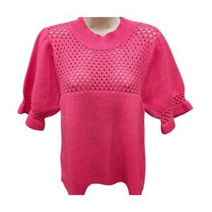 THML sz S pink puff statement blouse see through net accents NWOT bright fun